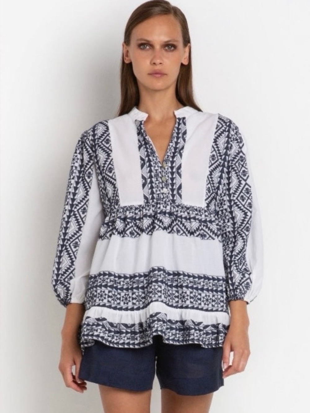 NWT  SZ xs Greek Archaic Kori  Cotton white/navy Blouse